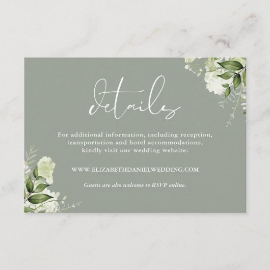 Grüne Blütenwelt Elegantes Grün Hochzeit Details Begleitkarte (Vorderseite)