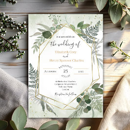 Grüne Boho-Gold-Geometrie-Wasserfarben-Hochzeit Einladung