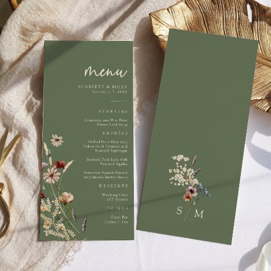 Grüne Boho-Hochzeitsmenü Menükarte