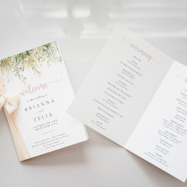 Grüne Boho Wildblume Folded Wedding Programm
