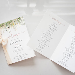 Grüne Boho Wildblume Folded Wedding Programm
