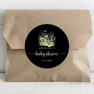 Grüne Boho-Wildblumen-Schwarze Babyparty-Geschenke Runder Aufkleber