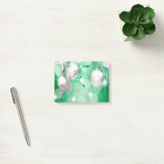Grüne Bokeh Verzierungs-Ball-silberne Ren-Freude Post-it Klebezettel (Büro)