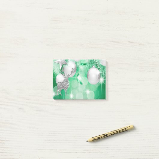 Grüne Bokeh Verzierungs-Ball-silberne Ren-Freude Post-it Klebezettel (Auf Schreibtisch)