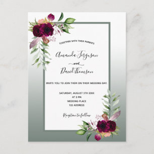 Grüne Bordeaux-Blumen Einladung Hochzeit Postkarte