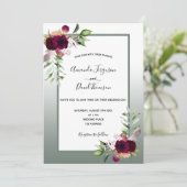 Grüne Bordeaux-Rodelblumen Hochzeit Einladung (Stehend Vorderseite)