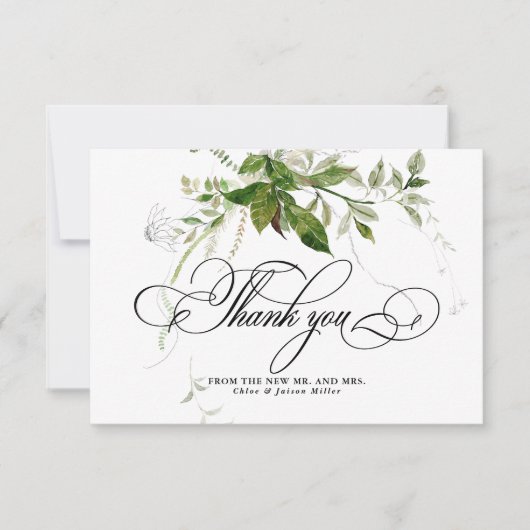 Grüne Botanicals Wasserfarbenkalligrafie Hochzeit Dankeskarte (Vorderseite)