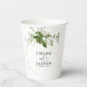 Grüne Botanicals Wasserfarbenkalligrafie Hochzeit Pappbecher (Rückseite)