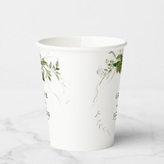 Grüne Botanicals Wasserfarbenkalligrafie Hochzeit Pappbecher (Links)
