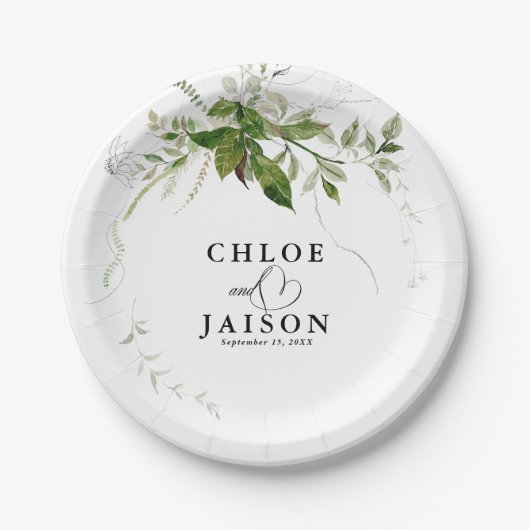 Grüne Botanicals Wasserfarbenkalligrafie Hochzeit Pappteller (Vorderseite)
