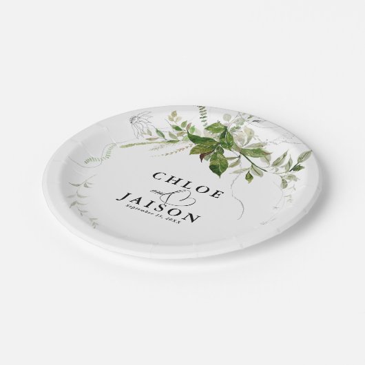 Grüne Botanicals Wasserfarbenkalligrafie Hochzeit Pappteller (Schrägansicht)