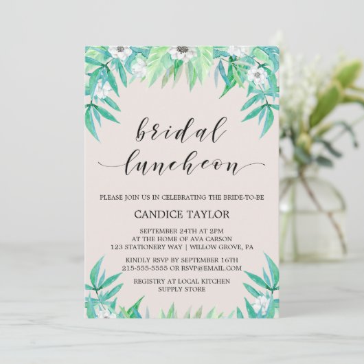 Grüne Botanische Bäume & Blume Bridal Luncheon Einladung (Stehend Vorderseite)