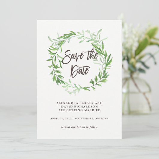 Grüne botanische Blätter Kranz Save the Date (Stehend Vorderseite)