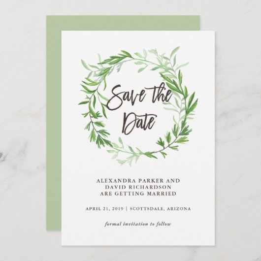 Grüne botanische Blätter Kranz Save the Date (Vorne/Hinten)
