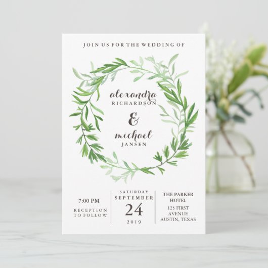 Grüne Botanische Blätter Kranzhochzeit Einladung (Stehend Vorderseite)