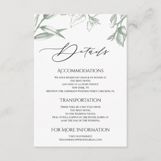 Grüne botanische Blätter Unterkünfte Begleitkarte (Vorderseite)