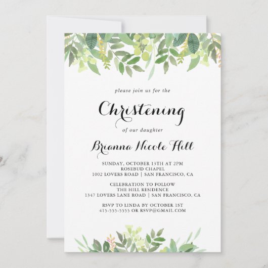 Grüne Botanische Blattkalligraphie Christening Einladung (Vorderseite)
