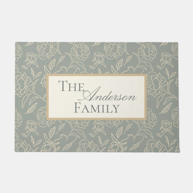 Grüne botanische Blume von gezeichneten Peonies Fußmatte (Vorderseite)