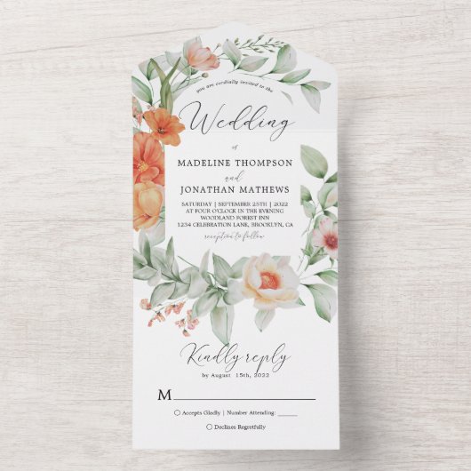 Grüne Botanische Blumenstrauß Grüne Pfirsichhochze All In One Einladung (Innen Boden)