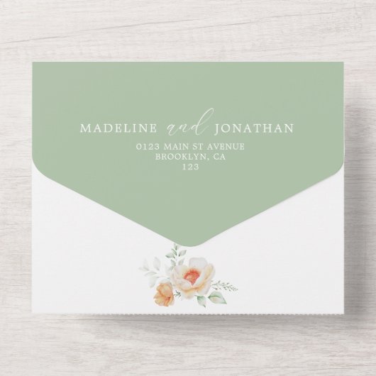 Grüne Botanische Blumenstrauß Grüne Pfirsichhochze All In One Einladung (Rückseite)