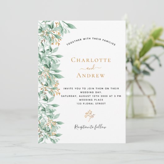 Grüne botanische Blütengoldhochzeit Einladung (Stehend Vorderseite)