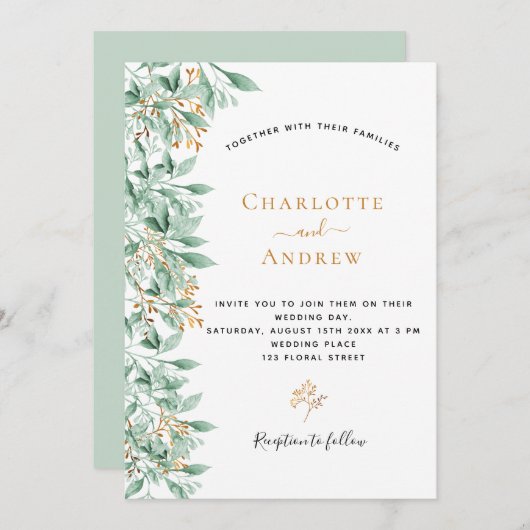 Grüne botanische Blütengoldhochzeit Einladung (Vorne/Hinten)