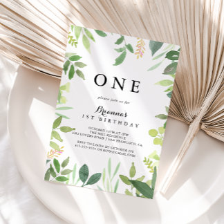 Grüne Botanische Foliage Erste Geburtstagsparty Einladung