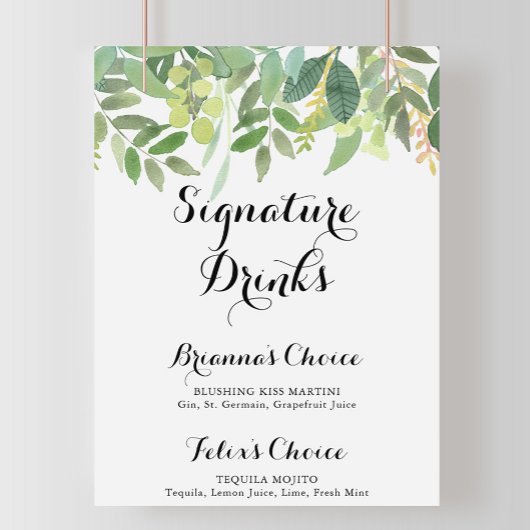 Grüne Botanische Foliage Signature Drinks Zeichen Poster