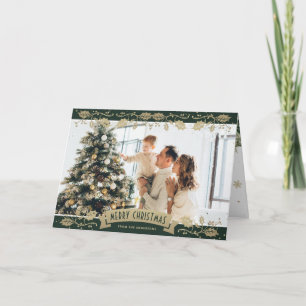 Grüne botanische Foto-Weihnachtskarte aus Gold Karte