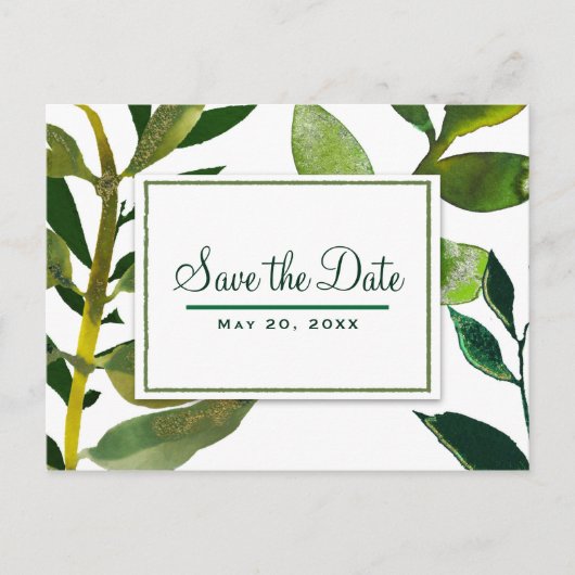 Grüne botanische Glam-Pflanze Blätter Save the Dat Ankündigungspostkarte (Vorderseite)