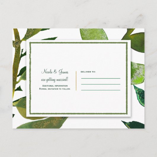 Grüne botanische Glam-Pflanze Blätter Save the Dat Ankündigungspostkarte (Rückseite)