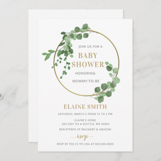 Grüne Botanische Gold Gender Neutral Baby Dusche Einladung (Vorne/Hinten)
