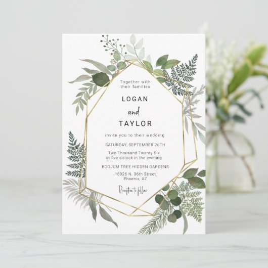 Grüne botanische Grünflächen Gold Rahmen QR Code Einladung (Stehend Vorderseite)