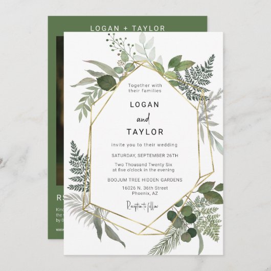 Grüne botanische Grünflächen Gold Rahmen QR Code Einladung (Vorne/Hinten)