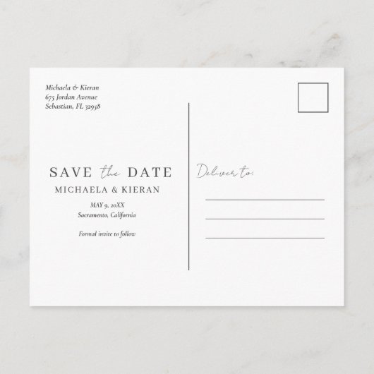 Grüne botanische Hochzeit speichern das Datum Ankündigungspostkarte (Rückseite)