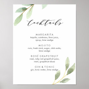 Grüne botanische Hochzeits-Cocktail-Menükarte Poster