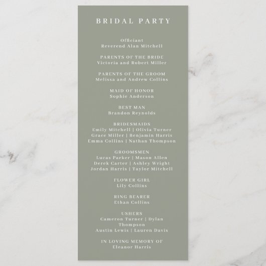 Grüne botanische Hochzeitsfeier Programm (Rückseite)