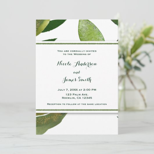 Grüne botanische Pflanze Glam Blätter Hochzeit Einladung (Stehend Vorderseite)