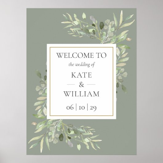 Grüne Botanische Seite Grüne Hochzeit Begrüßungsze Poster (Vorne)