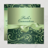 Grüne Bows & Swirl Quinceañera Einladung (Vorne/Hinten)