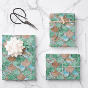 Grüne, braune und silberne Meerjungenskala Geschenkpapier Set