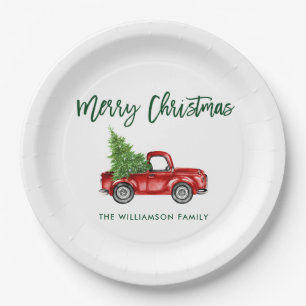 Grüne Brush-Schrift Vintage-Roter LKW Weihnachten Pappteller