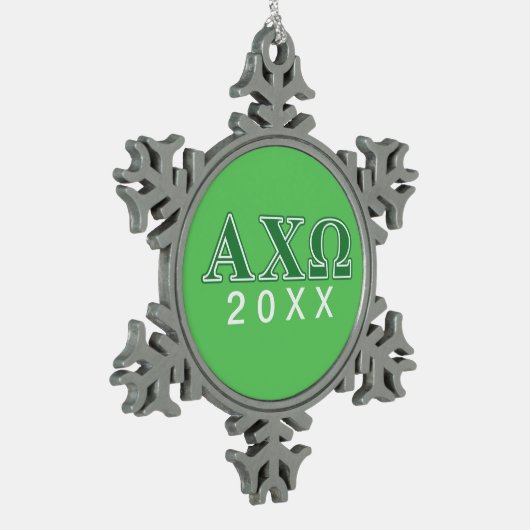 Grüne Buchstaben Alphi Chi-Omegas Schneeflocken Zinn-Ornament (Links)