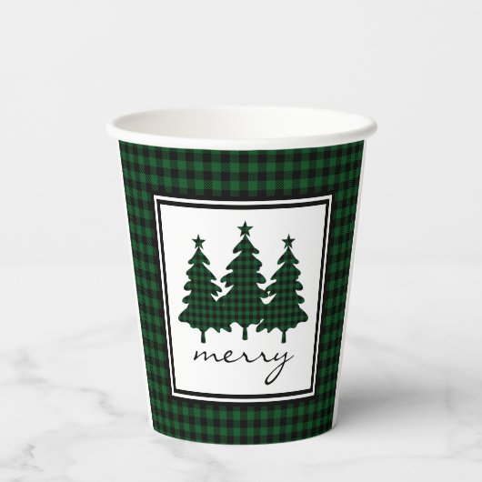 Grüne Buffalo Karo Pine Trees Paper Cups Pappbecher (Rückseite)