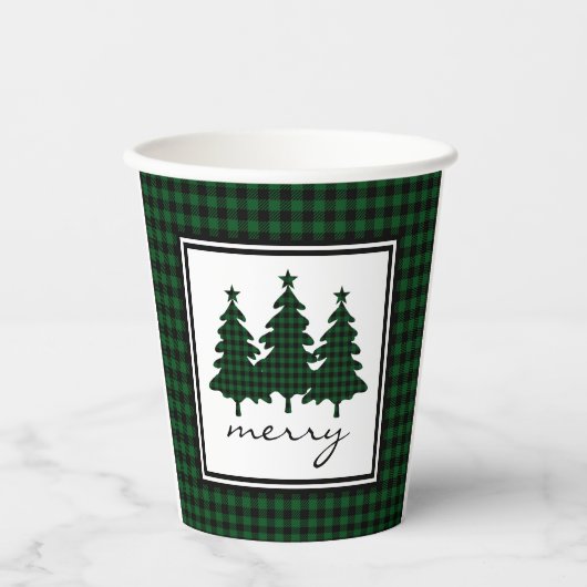 Grüne Buffalo Karo Pine Trees Paper Cups Pappbecher (Vorderseite)