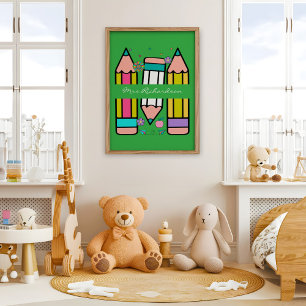 Grüne Bunte Lehrer Cartoon Bleistift Poster