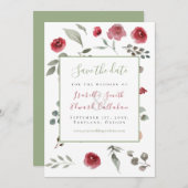 Grüne Burgund-Blumenhochzeit Save The Date (Vorne/Hinten)
