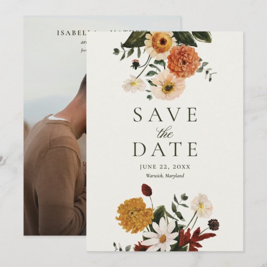 Grüne Burgunder Boho Herbst Wildblumen Hochzeit Save The Date (Vorne/Hinten)
