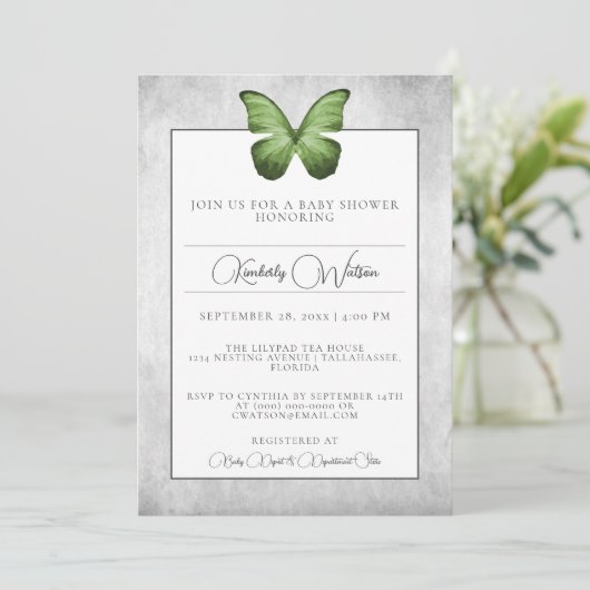 Grüne Butterfly-Babydusche Einladung (Stehend Vorderseite)