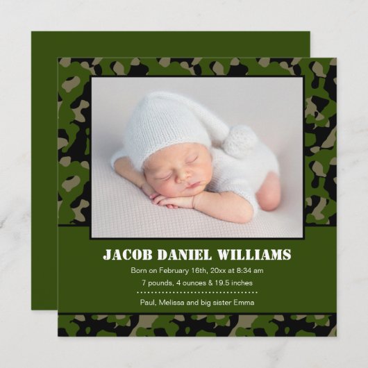 Grüne Camouflage Baby Foto Geburtsankündigung Ankündigung (Vorne/Hinten)